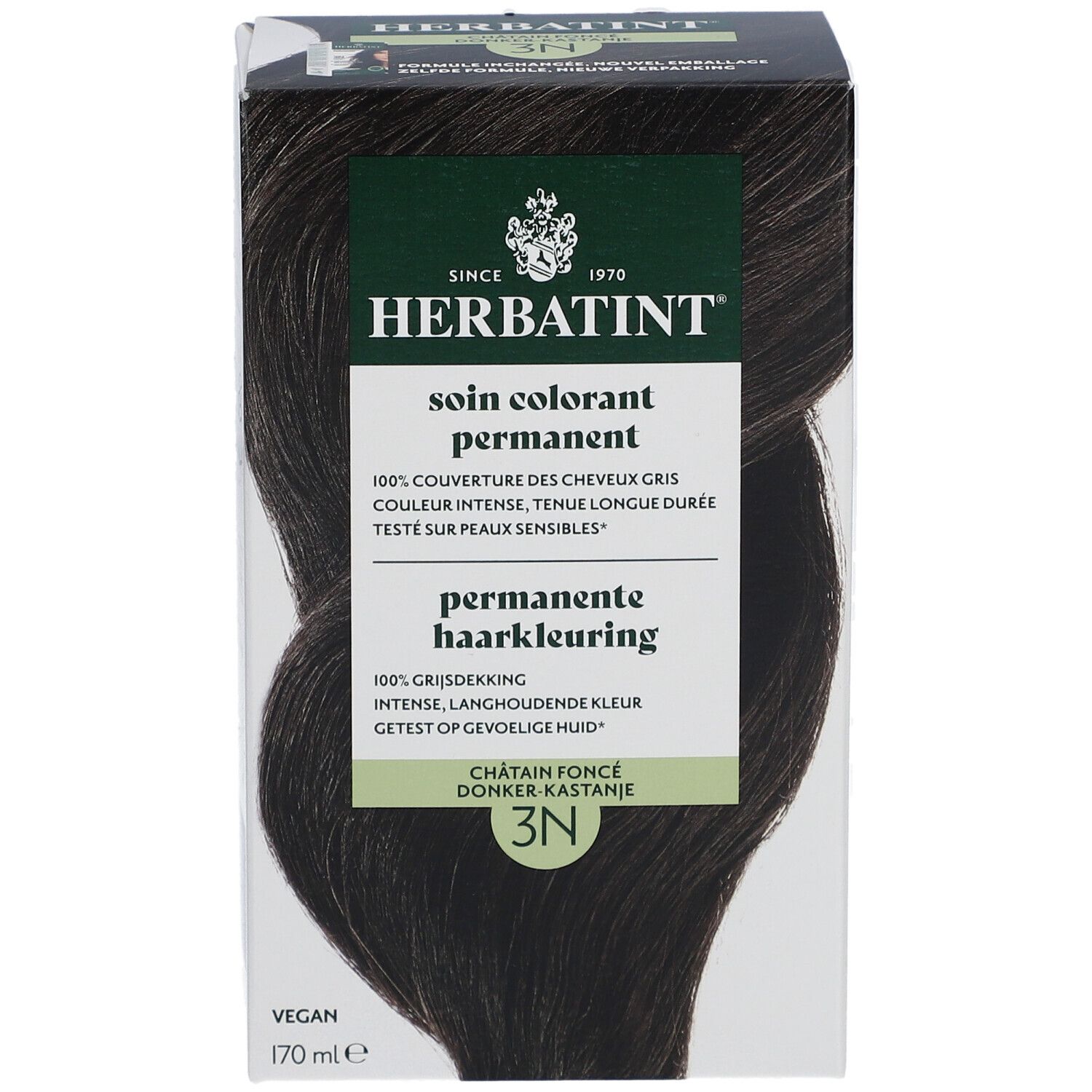 Herbatint Colorant Permanent 3N Brun foncé. Boîte avec image produit et texte. Vegan, 170 ml.
