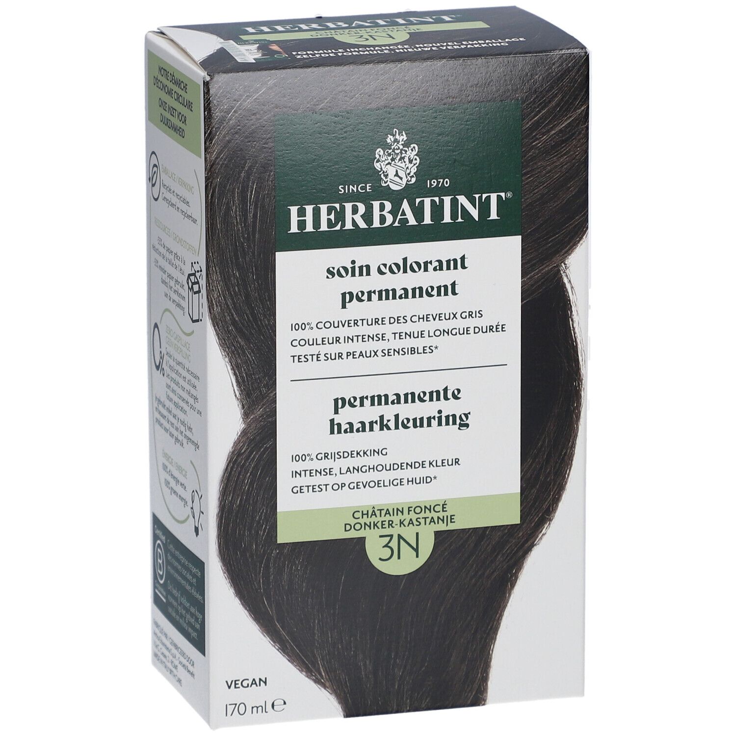 Herbatint Colorant Permanent 3N Brun foncé. Boîte avec image produit et texte. Vegan, 170 ml.