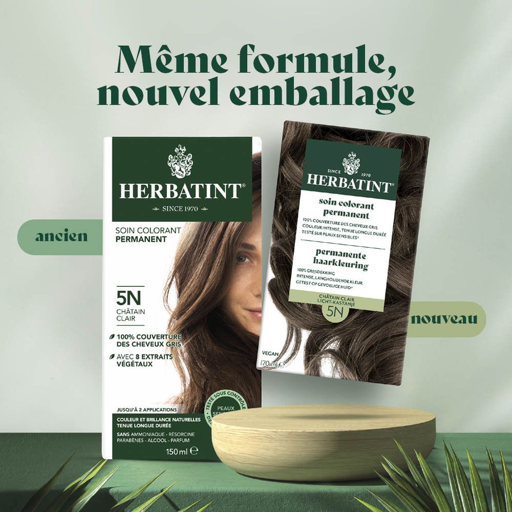 Boîte Herbatint. Comparaison : ancien et nouveau. 5N Châtain Clair. Image produit et texte.