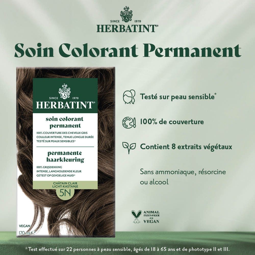 Herbatint Colorant Permanent 5N Châtain Clair. Texte sur caractéristiques et ingrédients. Vegan.
