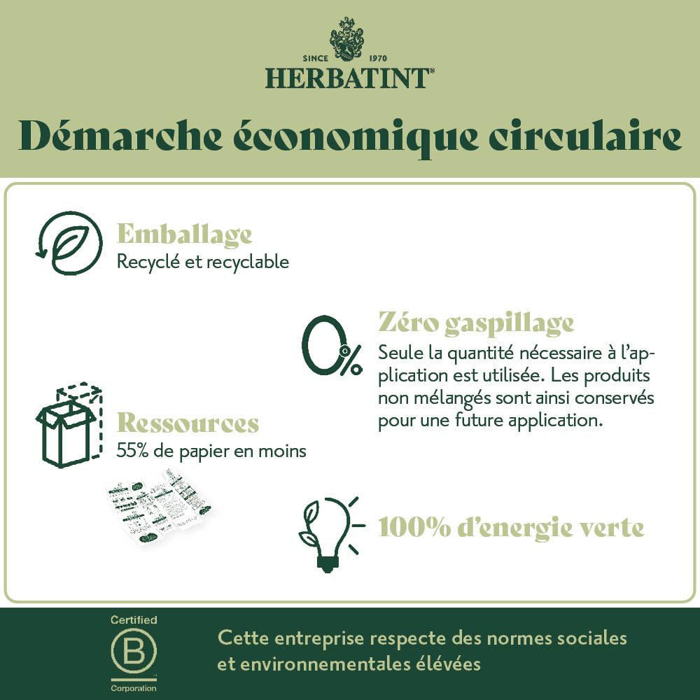 Boîte Herbatint. Texte sur durabilité, recyclage, énergie. Certification B Corp. Vegan.
