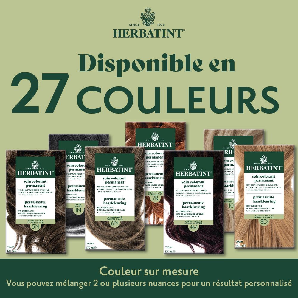 Boîtes Herbatint. 27 couleurs. Images de produits. Texte : Mélanger pour des résultats personnalisés.