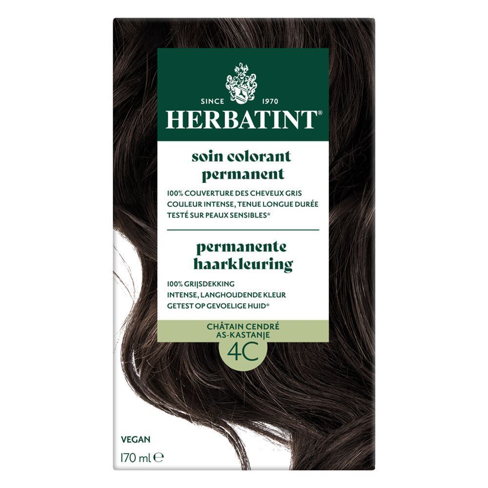 Herbatint 4C Châtain cendré. Coloration permanente. Boîte noire avec informations produit.