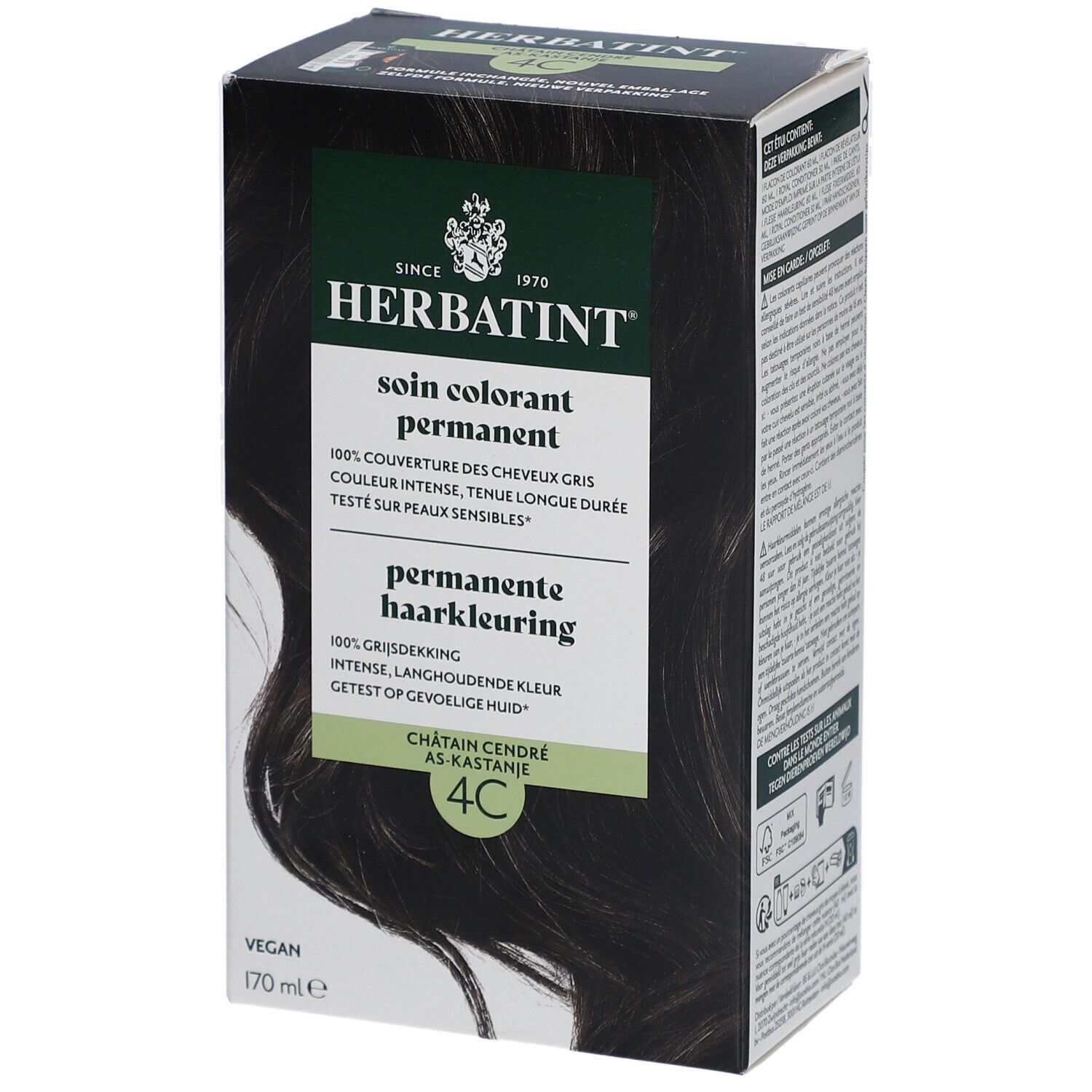 Herbatint 4C Châtain cendré. Coloration permanente. Boîte noire avec informations produit.