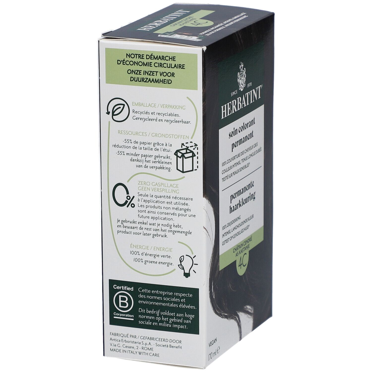 Emballage Herbatint. Informations sur l'économie circulaire. Certification B Corp. Coloration noire.