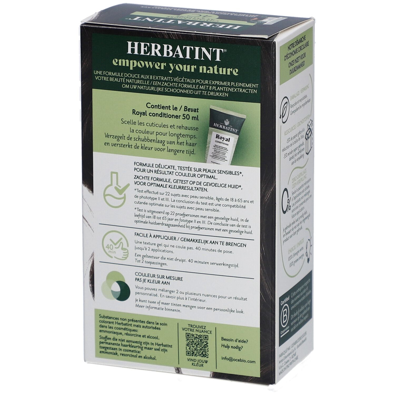 Emballage Herbatint. Contient Royal Conditioner. Informations d'utilisation. Testé sur peau sensible.