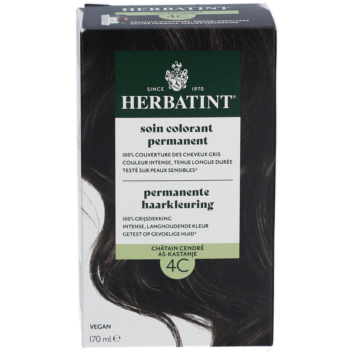 Herbatint 4C Châtain cendré. Coloration permanente. Boîte noire avec informations produit.