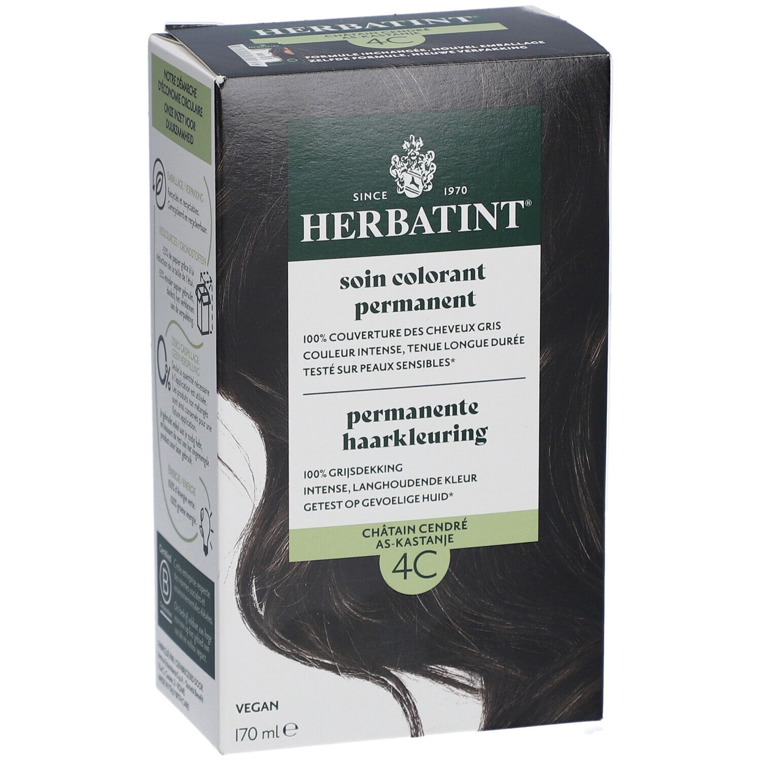 Herbatint 4C Châtain cendré. Coloration permanente. Boîte noire avec informations produit.