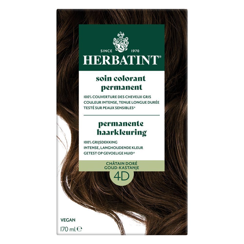 Boîte de coloration Herbatint. 4D Châtain doré. 170 ml. Vegan. Vue de face.