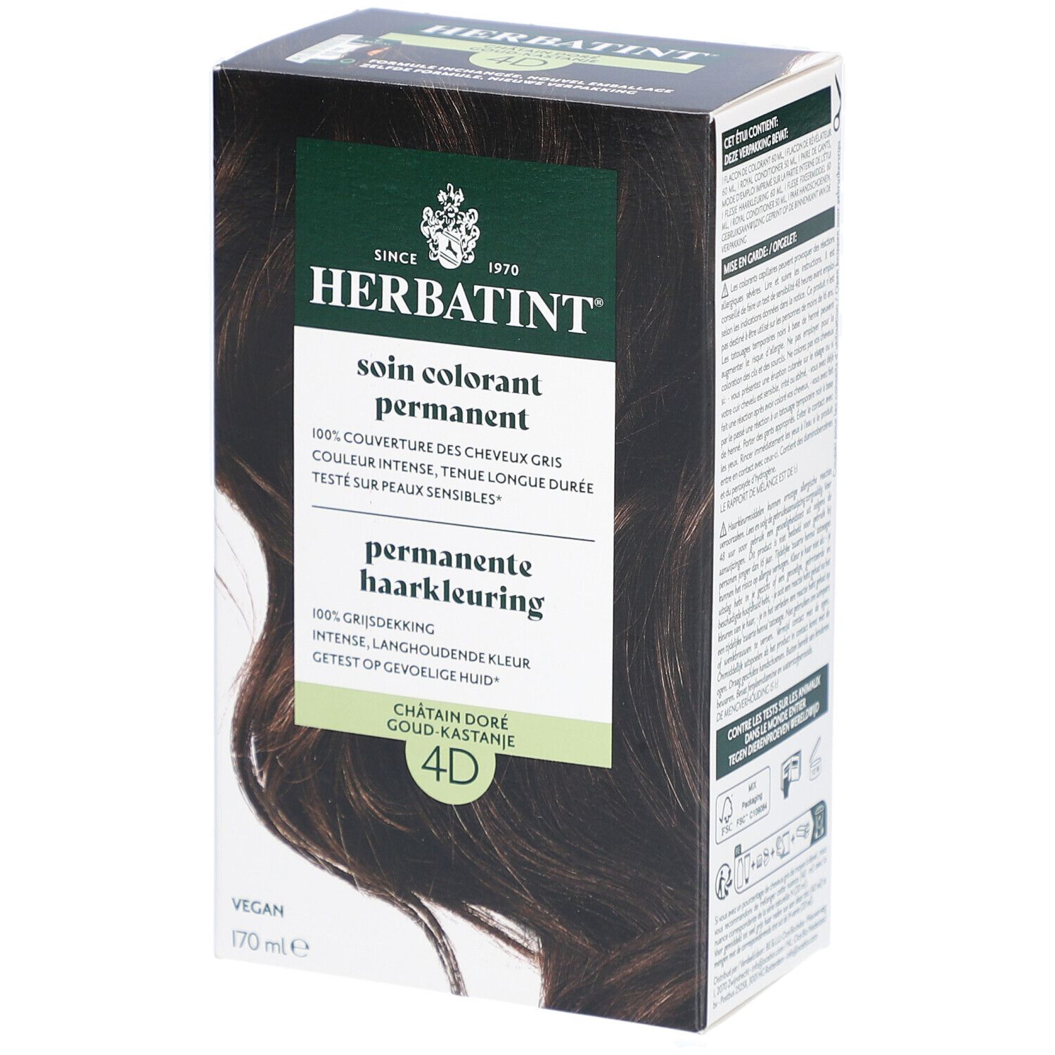 Boîte de coloration Herbatint. 4D Châtain doré. 170 ml. Vegan. Vue de face.