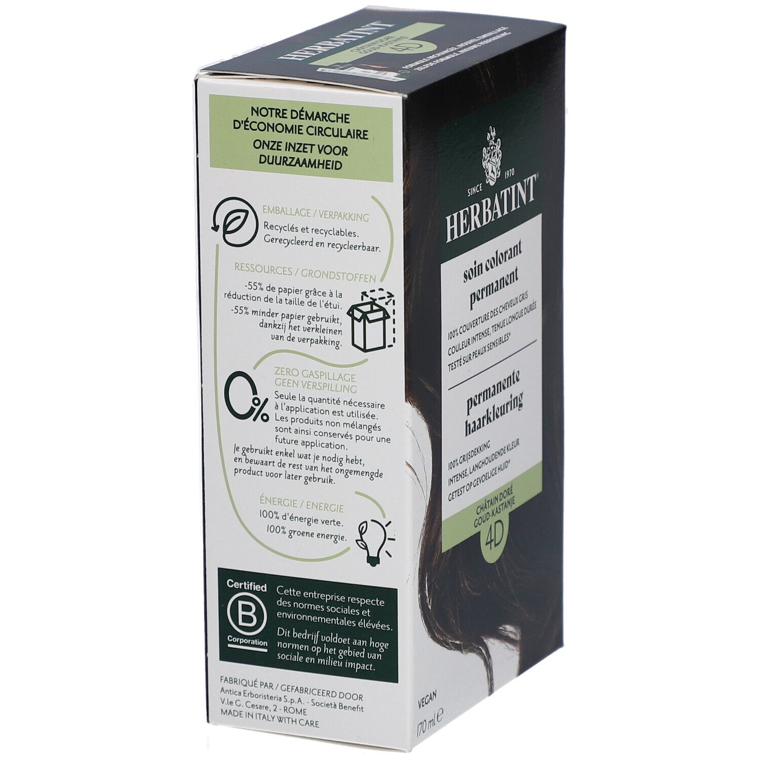 Boîte Herbatint, dos. Informations sur la durabilité et les ingrédients. Vegan.