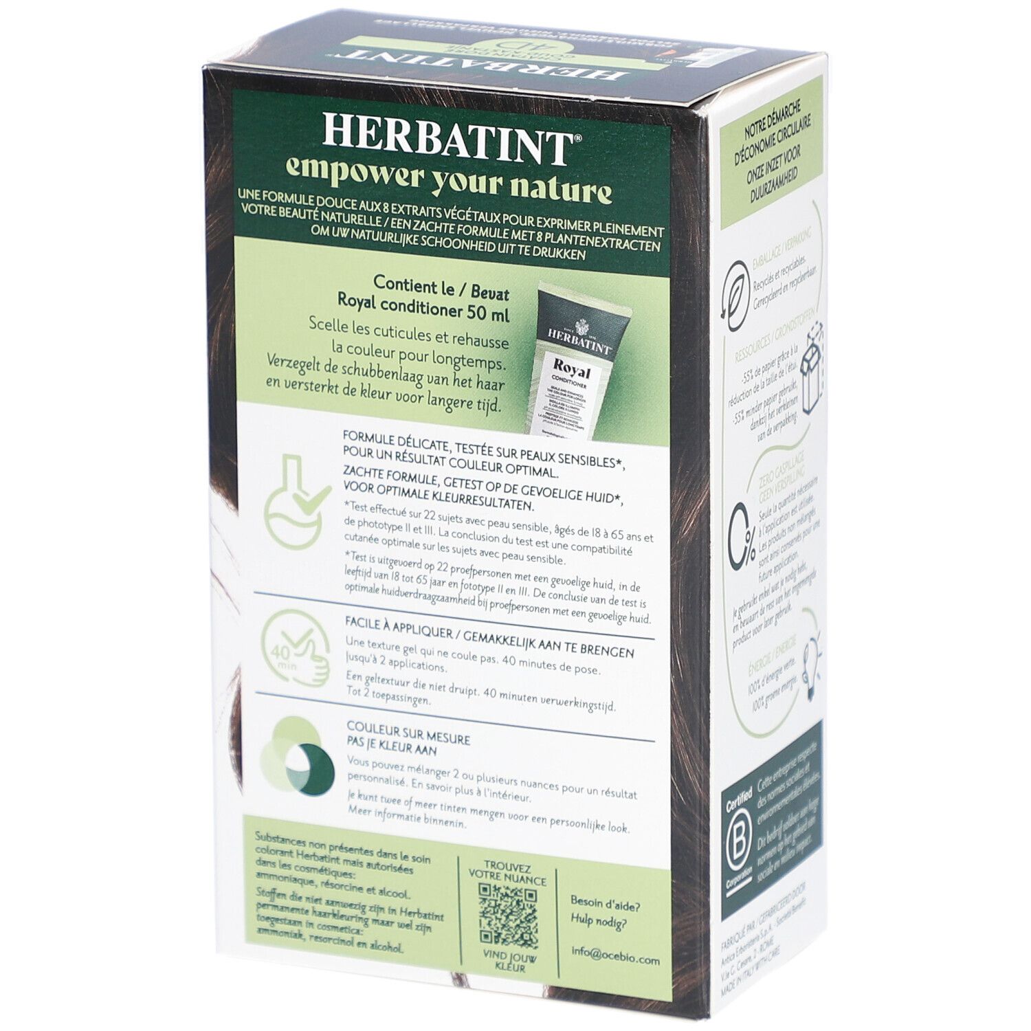 Boîte Herbatint, côté. Contient le revitalisant Royal. Informations d'utilisation.