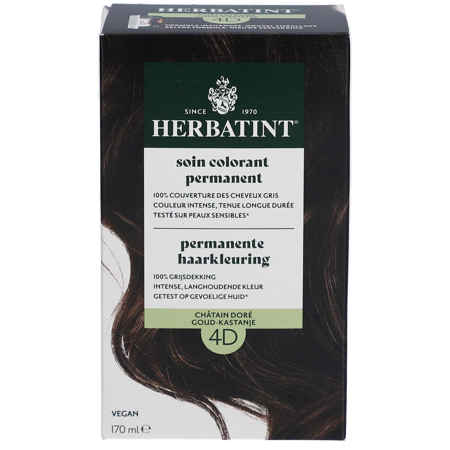 Boîte de coloration Herbatint. 4D Châtain doré. 170 ml. Vegan. Vue de face.