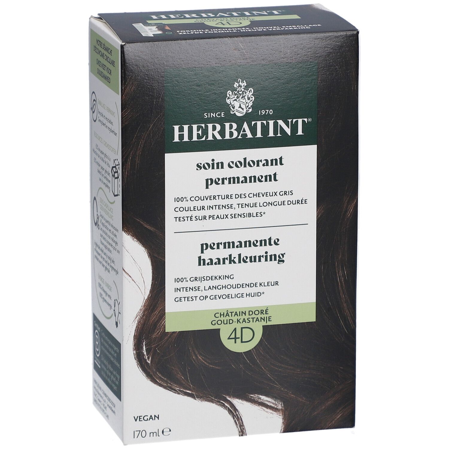 Boîte de coloration Herbatint. 4D Châtain doré. 170 ml. Vegan. Vue de face.