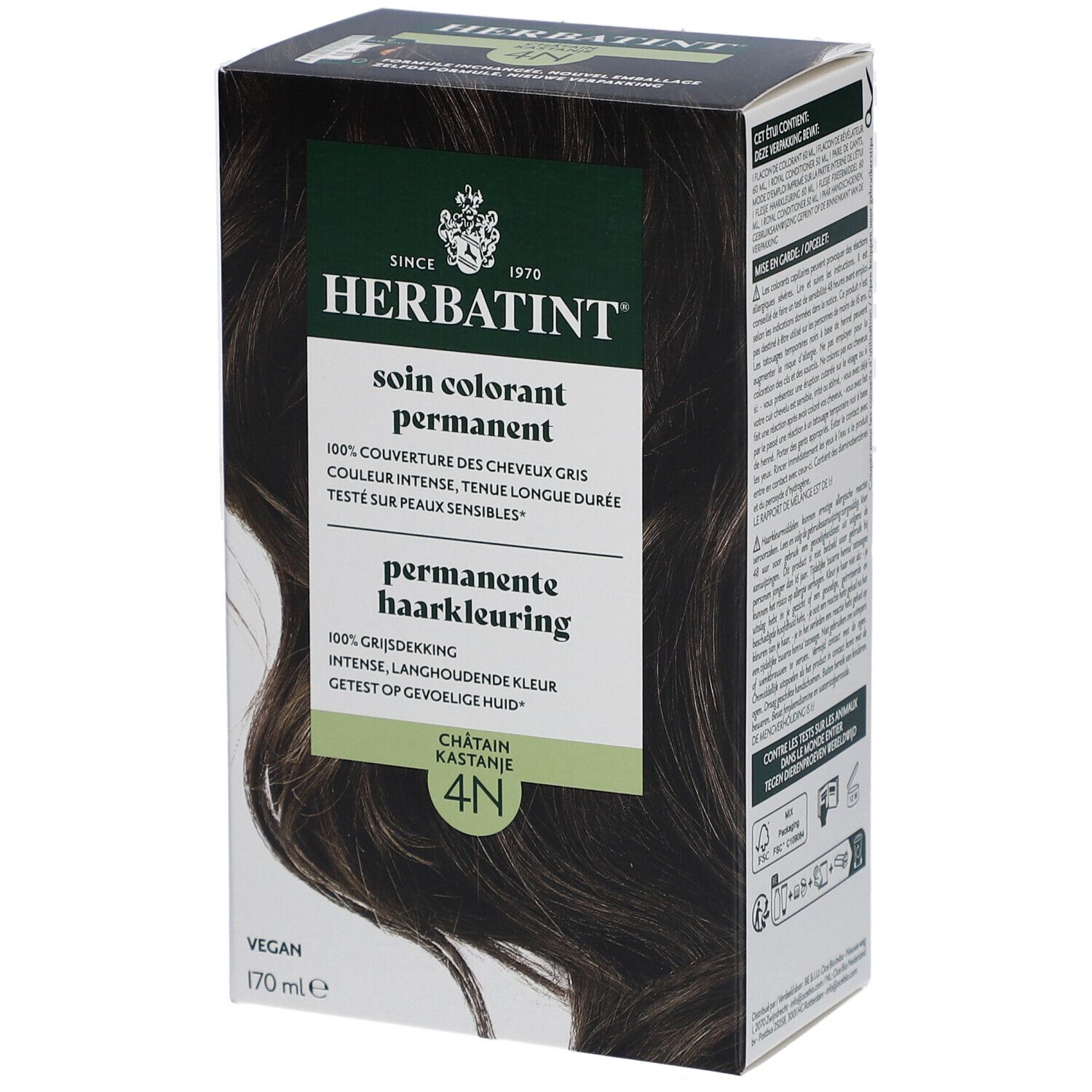 Boîte de coloration permanente Herbatint 4N Châtain. Informations produit et logo de la marque sur l'emballage.