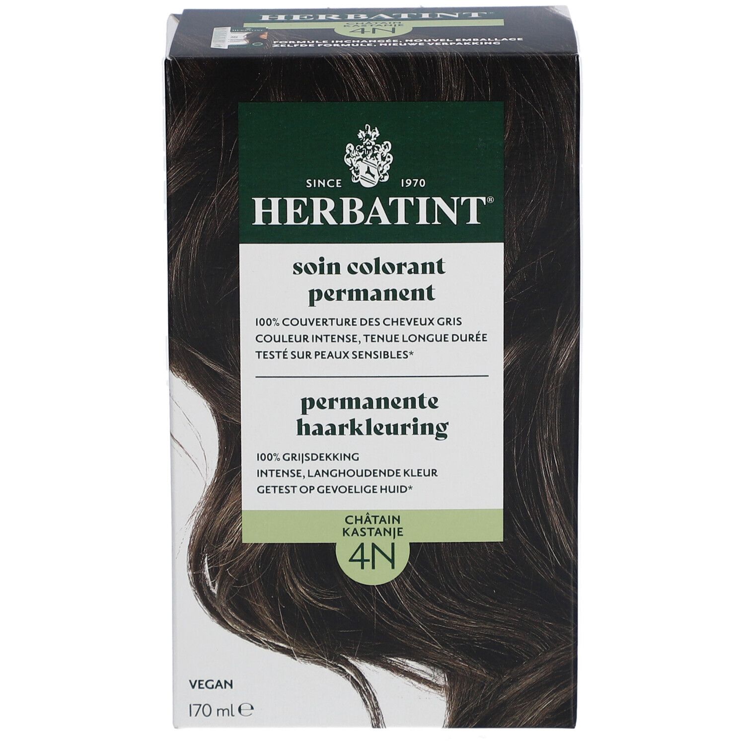 Boîte de coloration permanente Herbatint 4N Châtain. Informations produit et logo de la marque sur l'emballage.