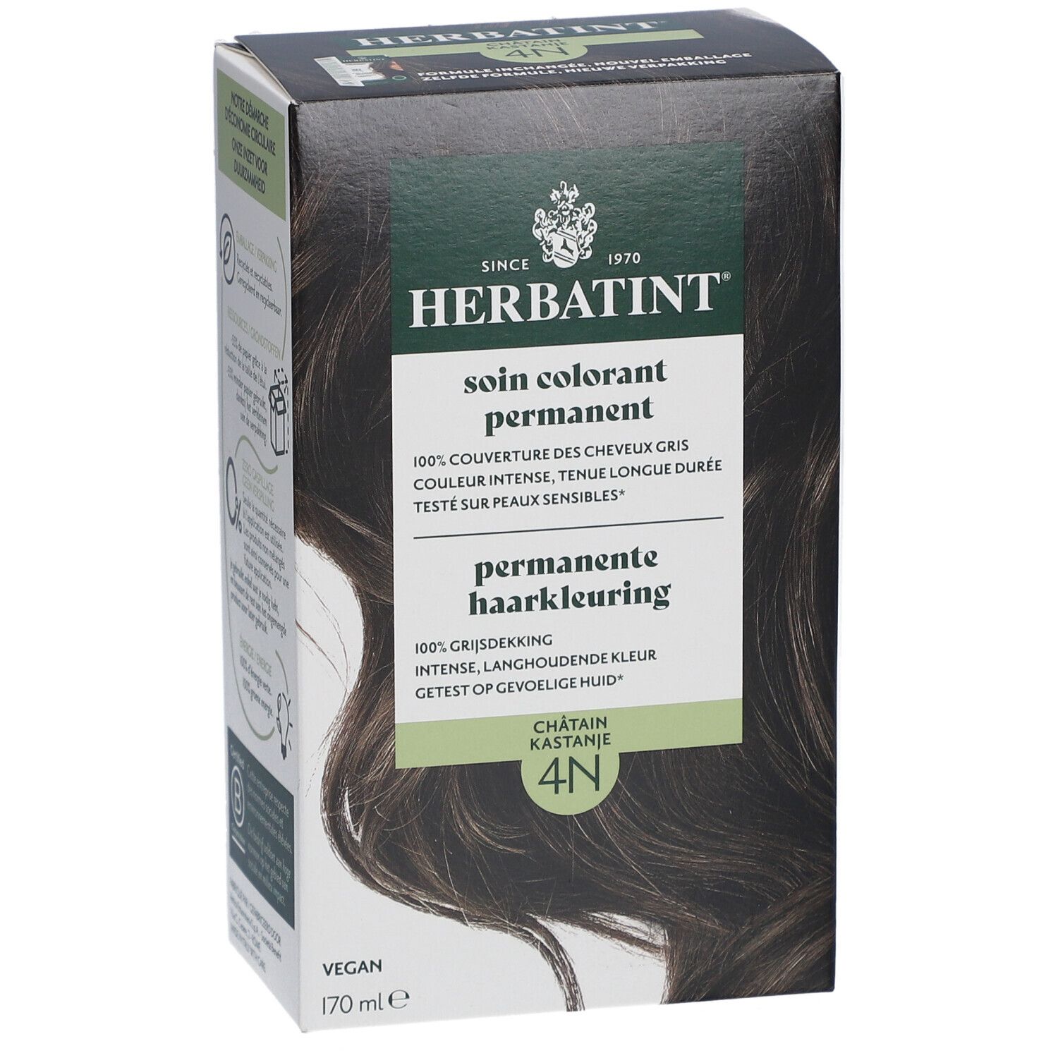 Boîte de coloration permanente Herbatint 4N Châtain. Informations produit et logo de la marque sur l'emballage.