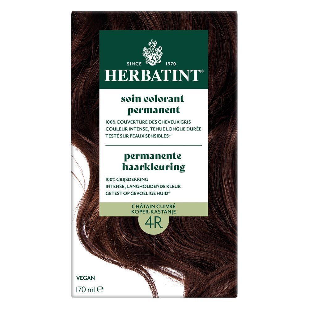 Boîte Herbatint 4R Châtain Cuivré. Texte: Soin colorant permanent, 100% couverture des cheveux gris.