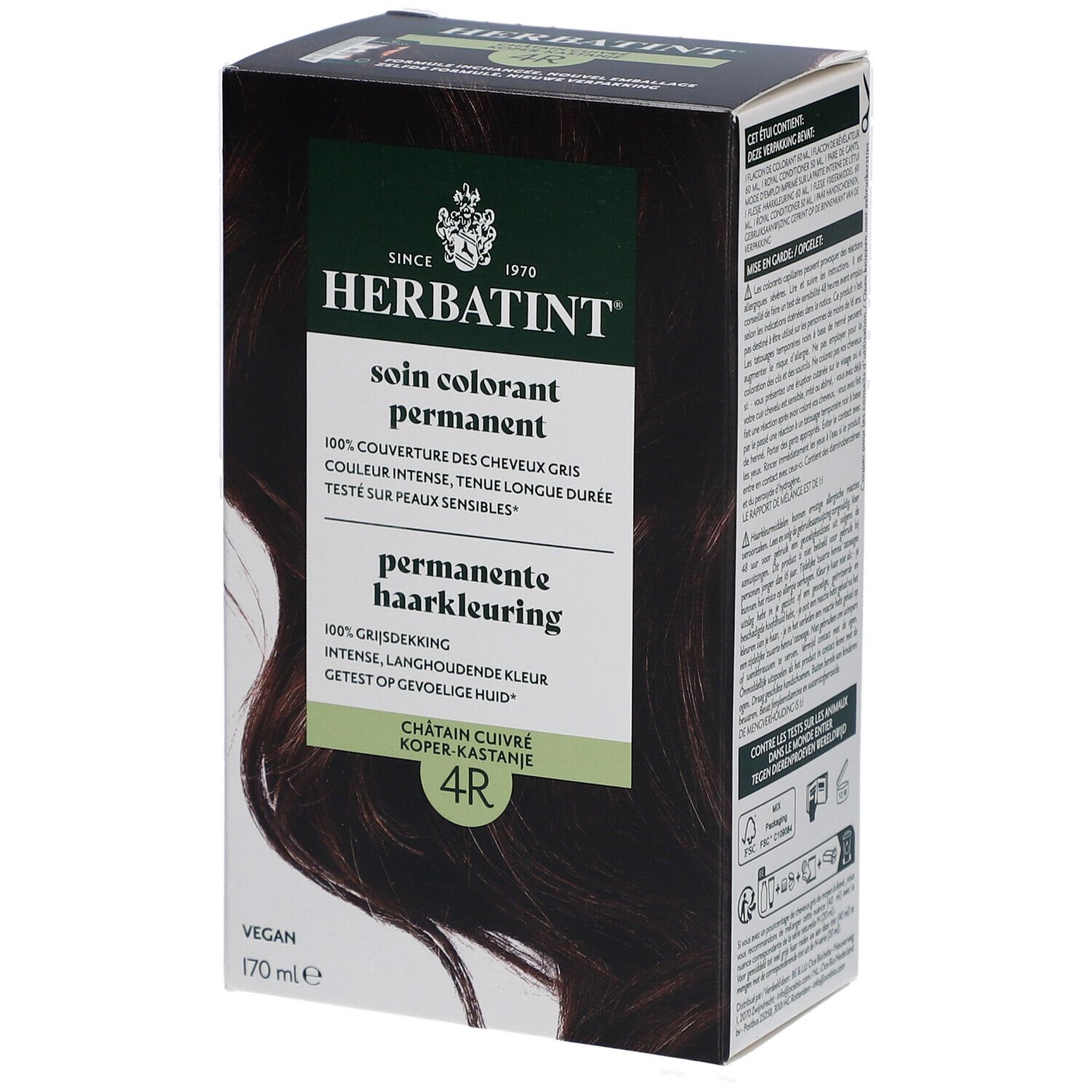 Boîte Herbatint 4R Châtain Cuivré. Texte: Soin colorant permanent, 100% couverture des cheveux gris.