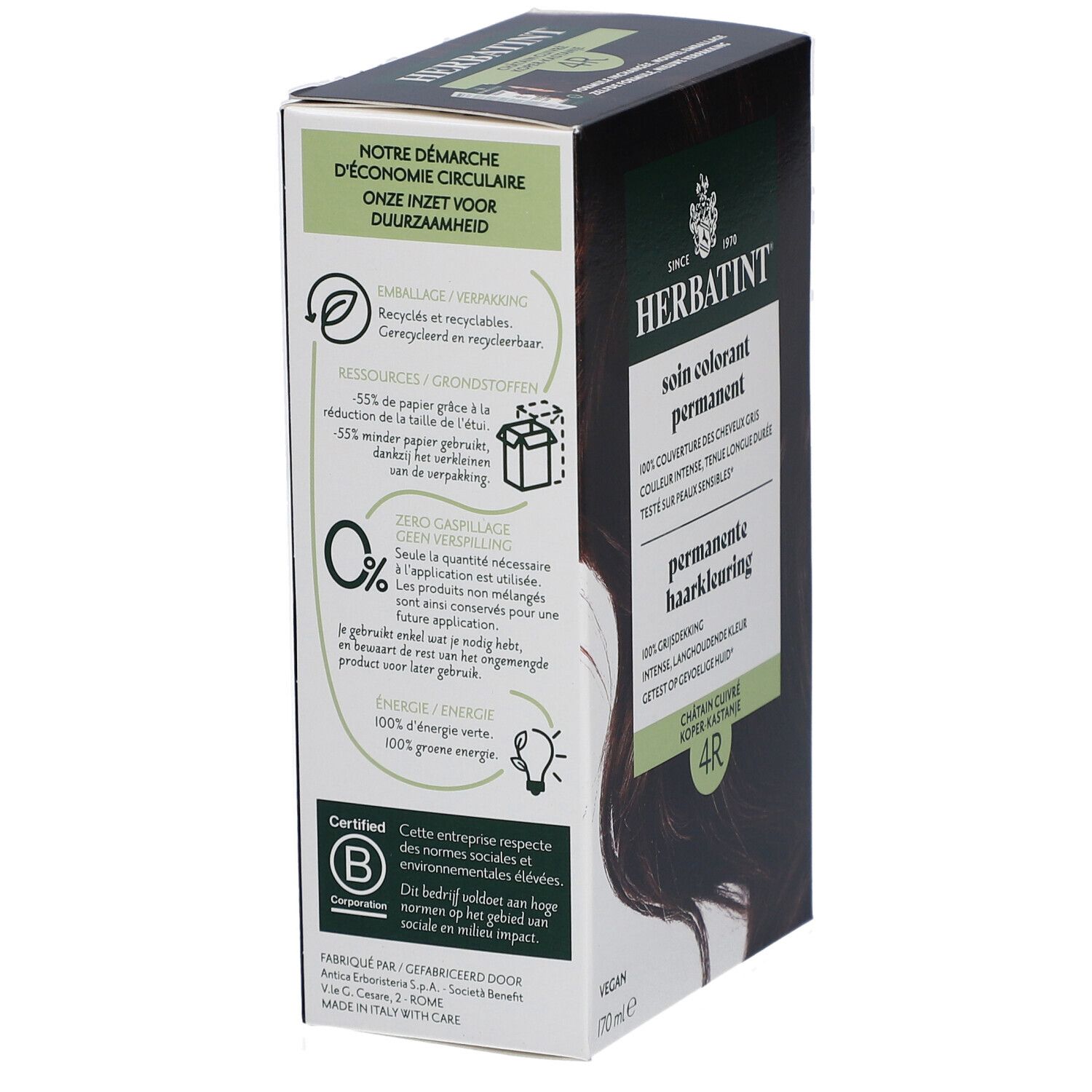 Dos de la boîte Herbatint. Texte: Durabilité, recyclage, 55% moins de papier, 100% énergie verte.
