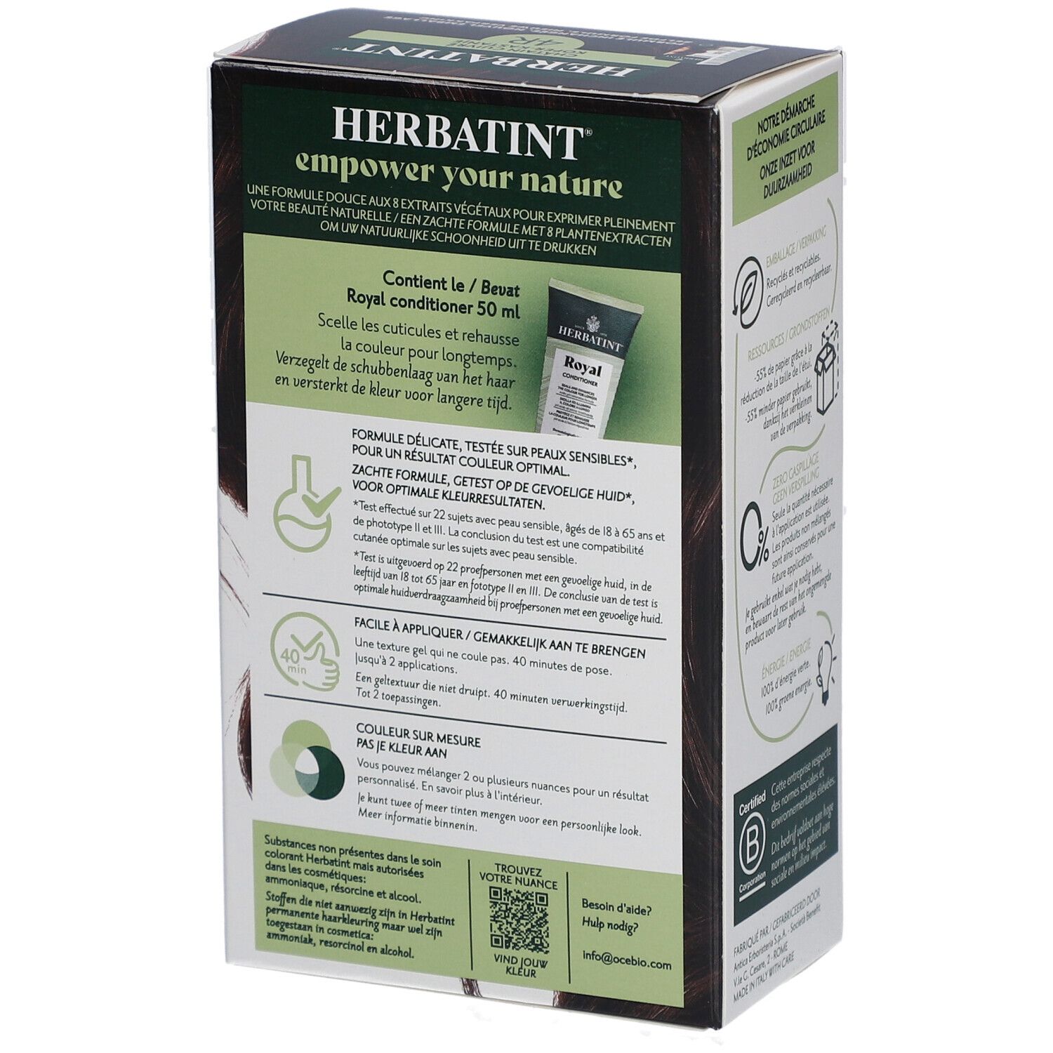 Dos de la boîte Herbatint. Texte: Contient Royal conditioner 50 ml. Formule douce pour un résultat couleur optimal.