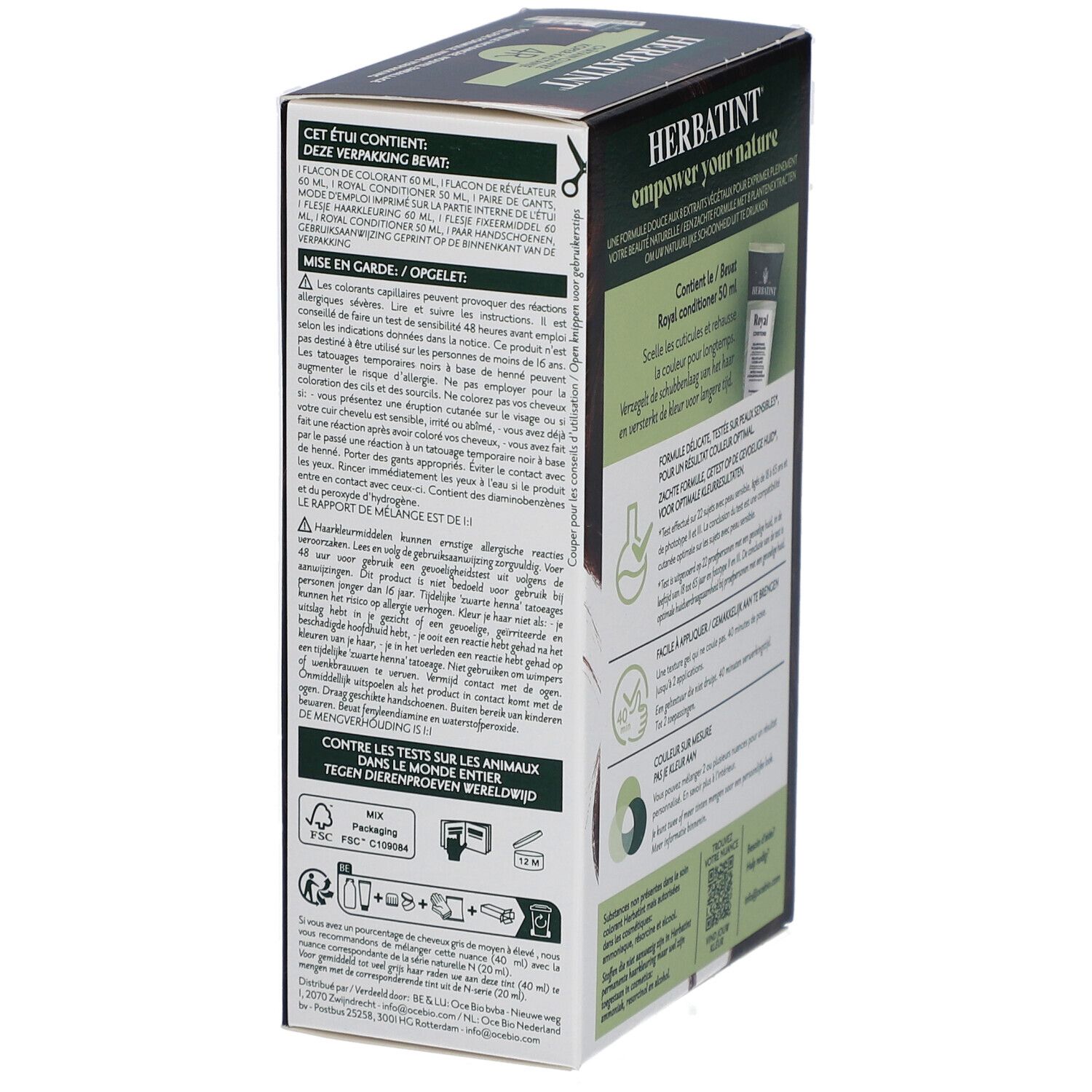 Côté de la boîte Herbatint. Texte: Instructions d'utilisation, avertissements, ingrédients, rapport de mélange.