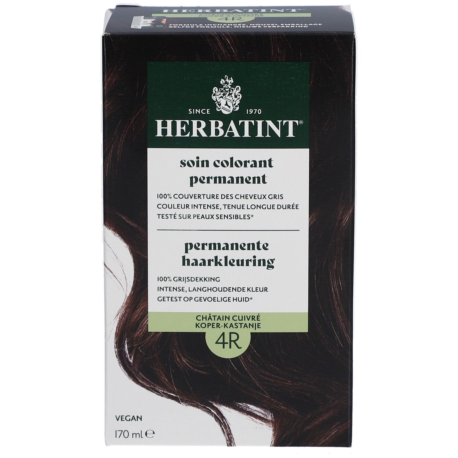 Boîte Herbatint 4R Châtain Cuivré. Texte: Soin colorant permanent, 100% couverture des cheveux gris.