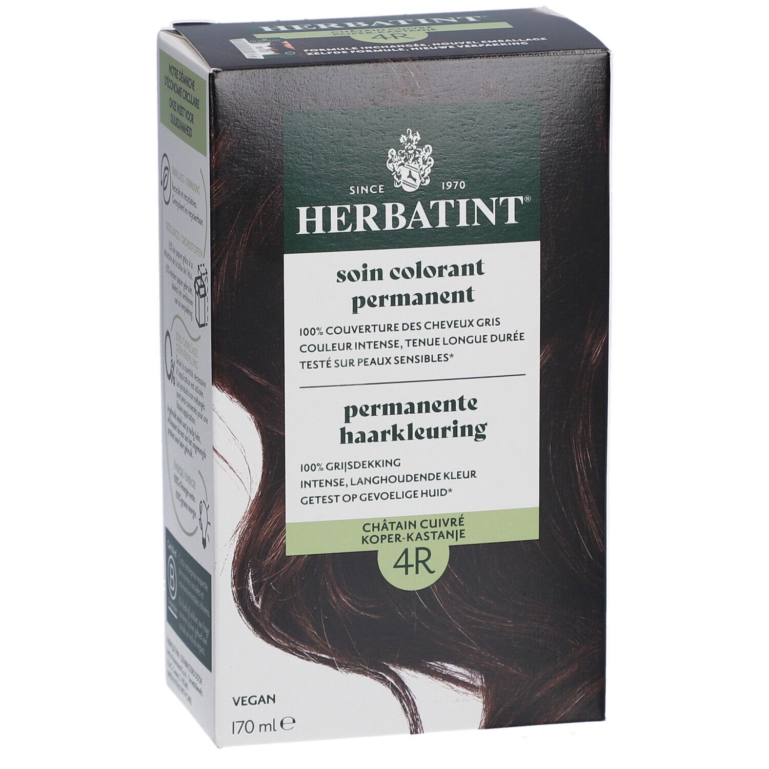 Boîte Herbatint 4R Châtain Cuivré. Texte: Soin colorant permanent, 100% couverture des cheveux gris.