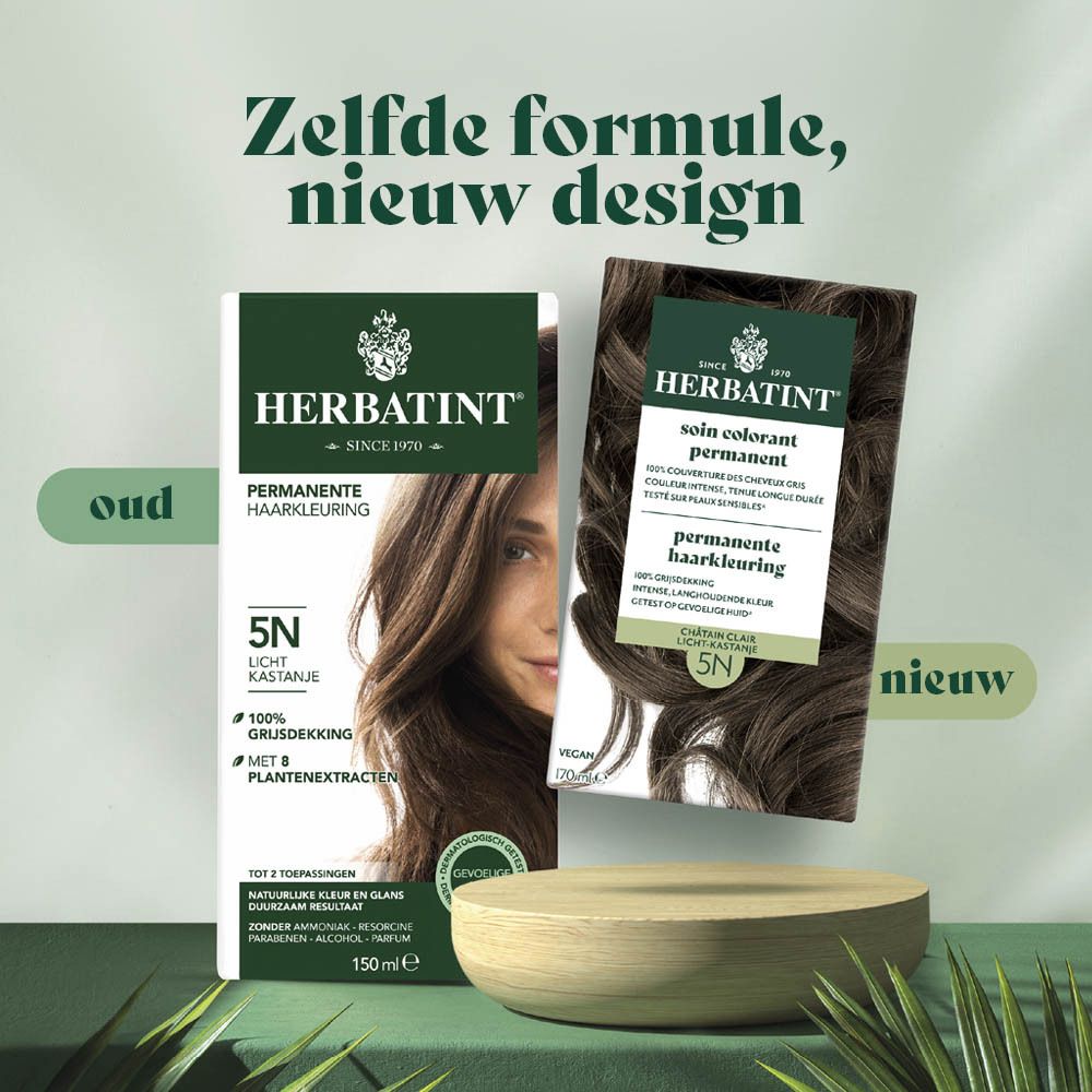 Twee Herbatint-dozen. Tekst: Zelfde formule, nieuw design. 5N Licht Kastanje.
