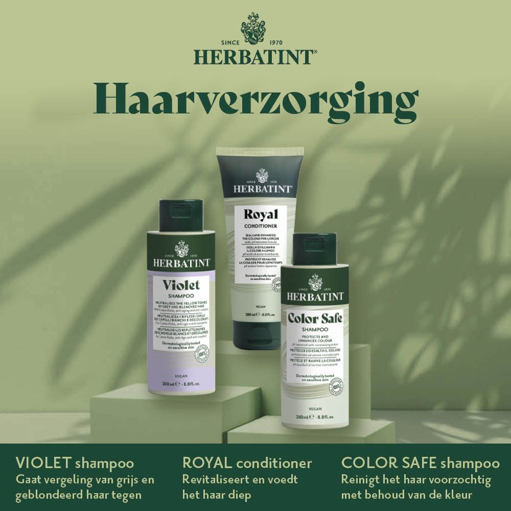 Drie Herbatint-haarverzorgingsproducten. Violet Shampoo, Royal Conditioner, Color Safe Shampoo.