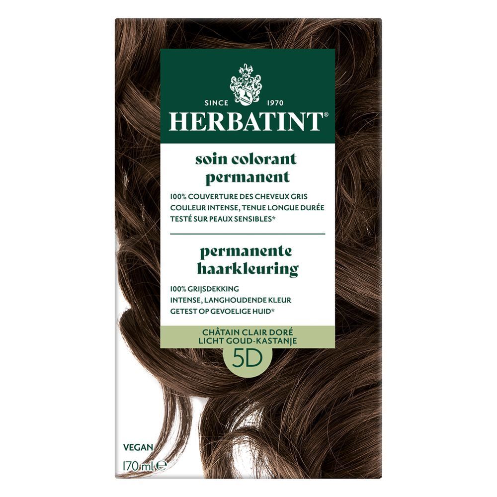 Herbatint 5D, châtain clair doré. Boîte avec image du produit et texte.