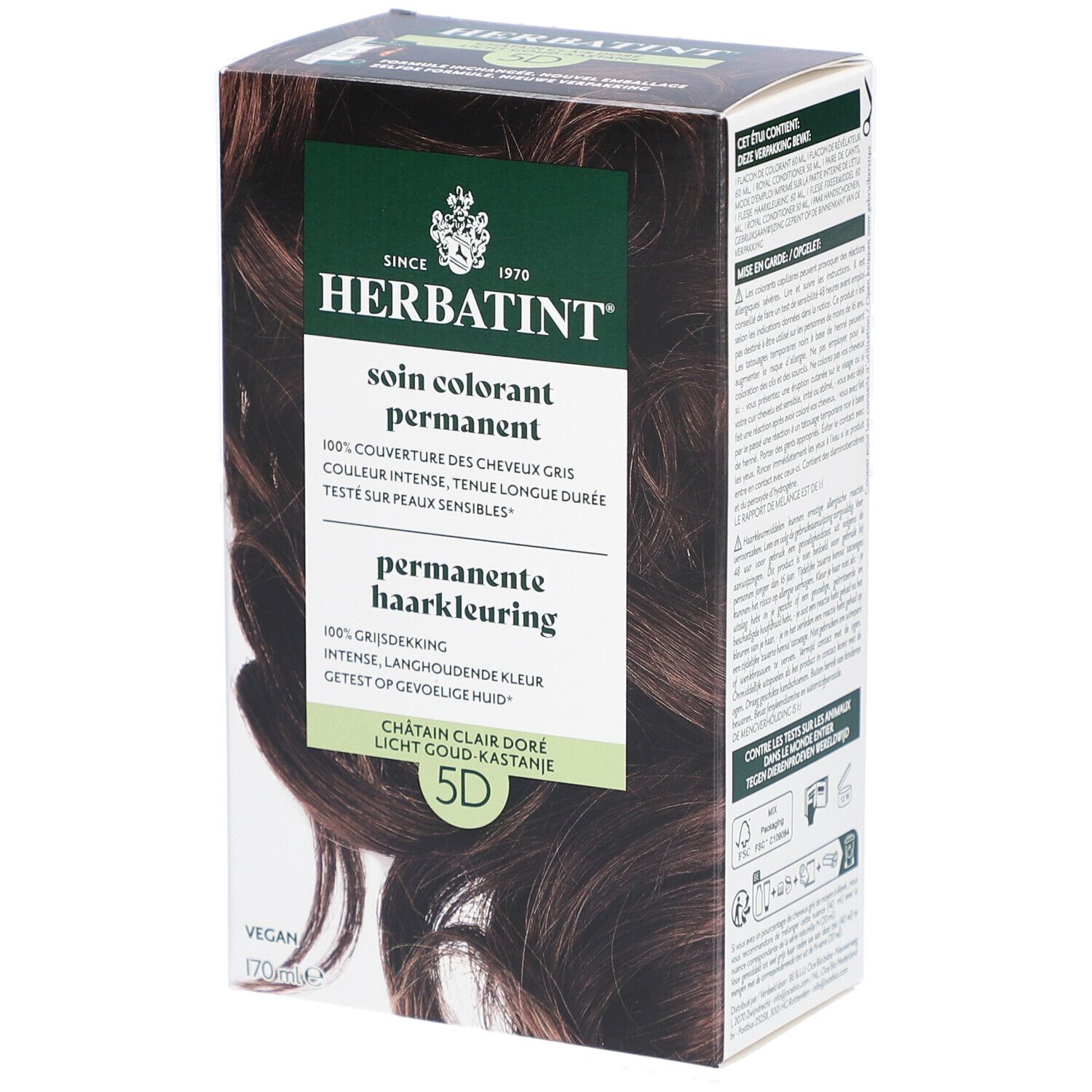 Herbatint 5D, châtain clair doré. Boîte avec image du produit et texte.