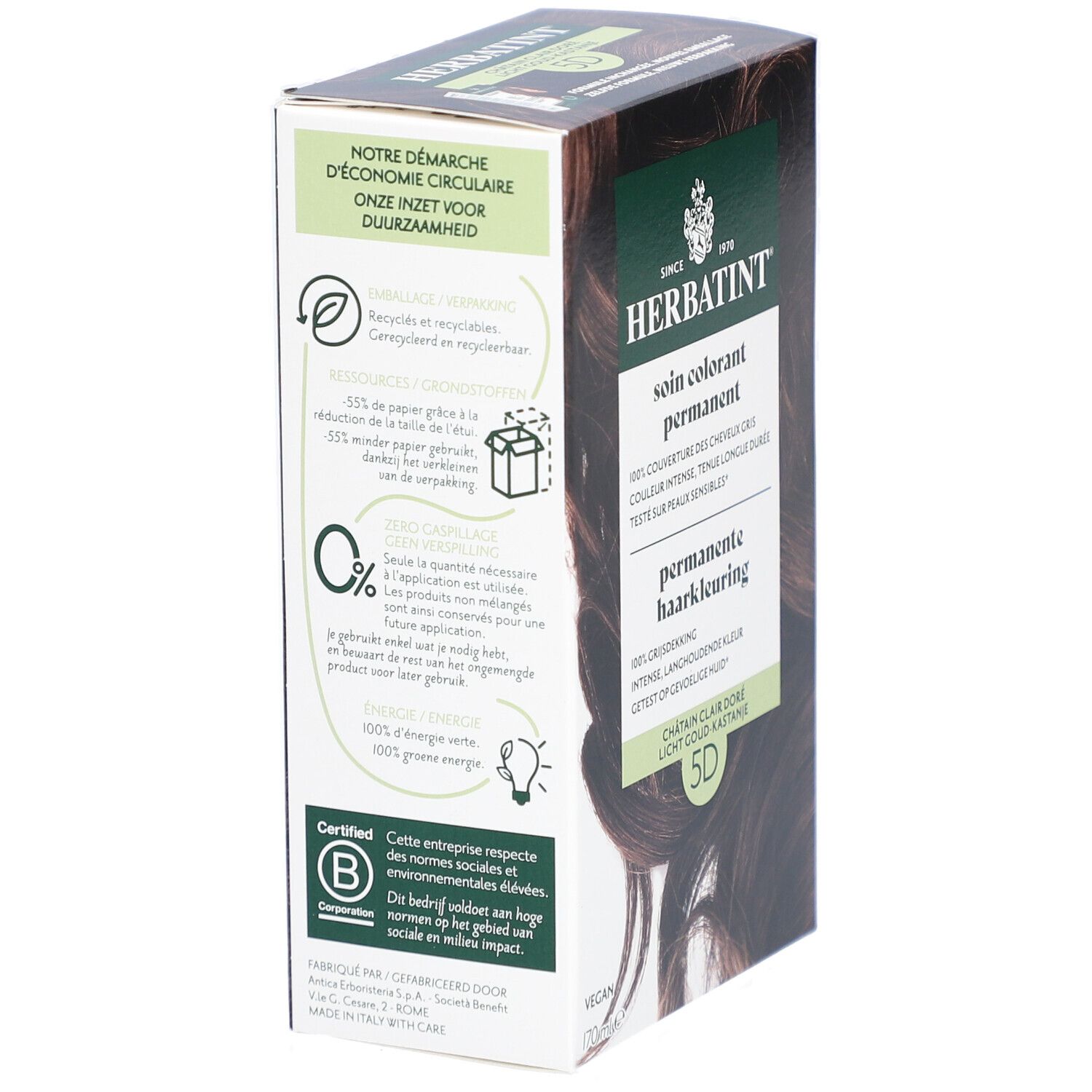 Emballage Herbatint. Arrière avec texte et logo. Certification B Corp.