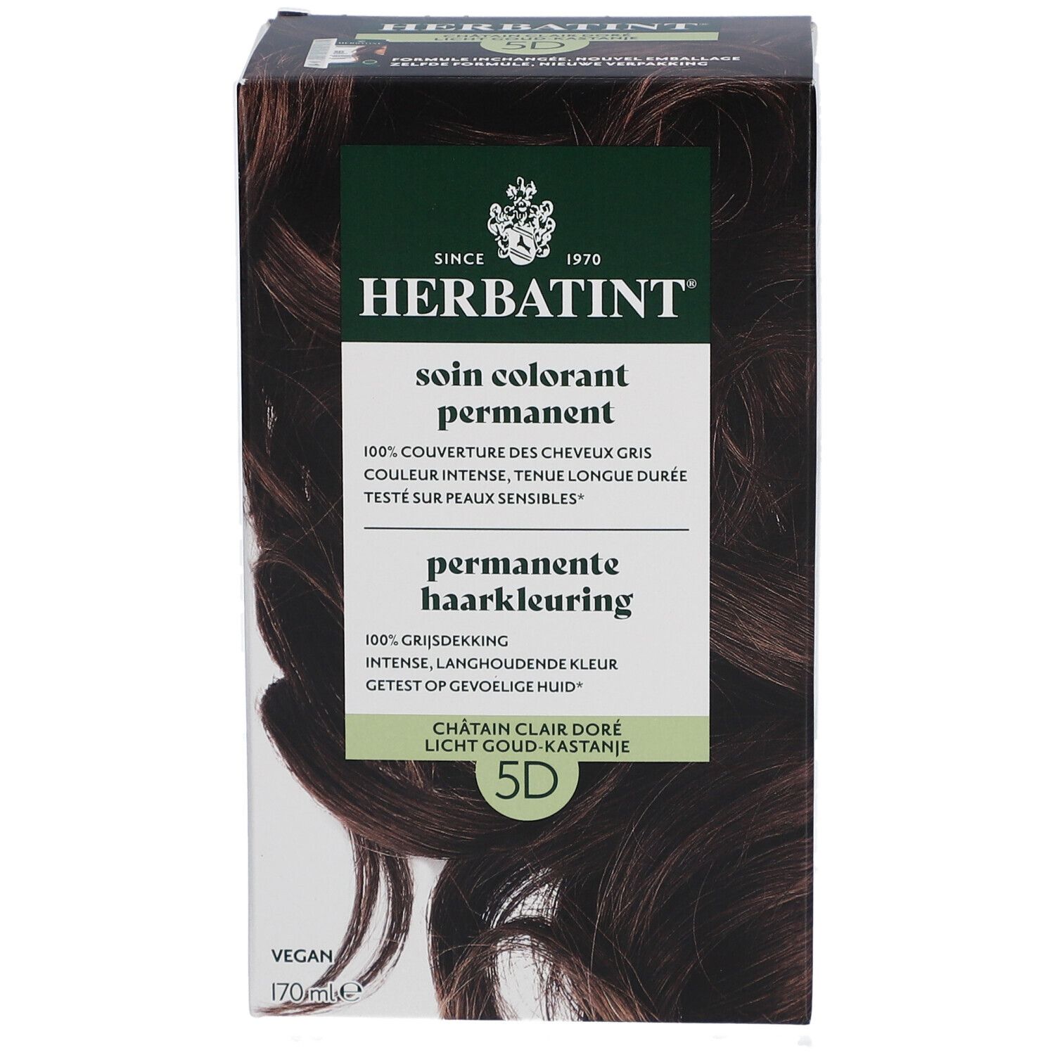 Herbatint 5D, châtain clair doré. Boîte avec image du produit et texte.
