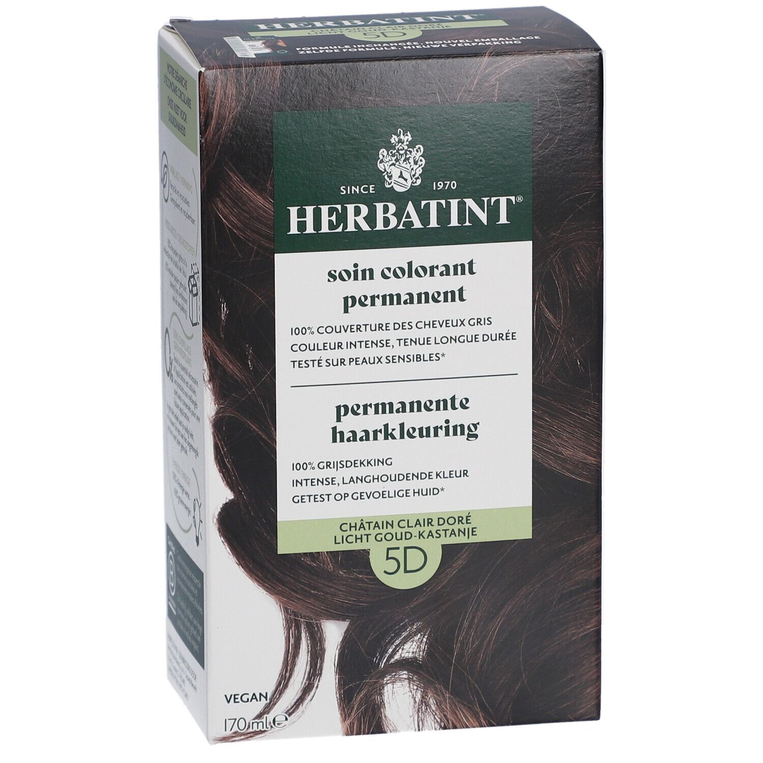 Herbatint 5D, châtain clair doré. Boîte avec image du produit et texte.