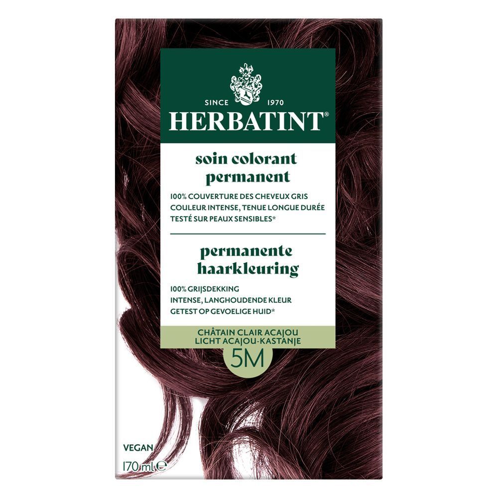 Boîte Herbatint 5M Châtain clair acajou. Soin colorant permanent. Texte et visuel produit. Vegan.