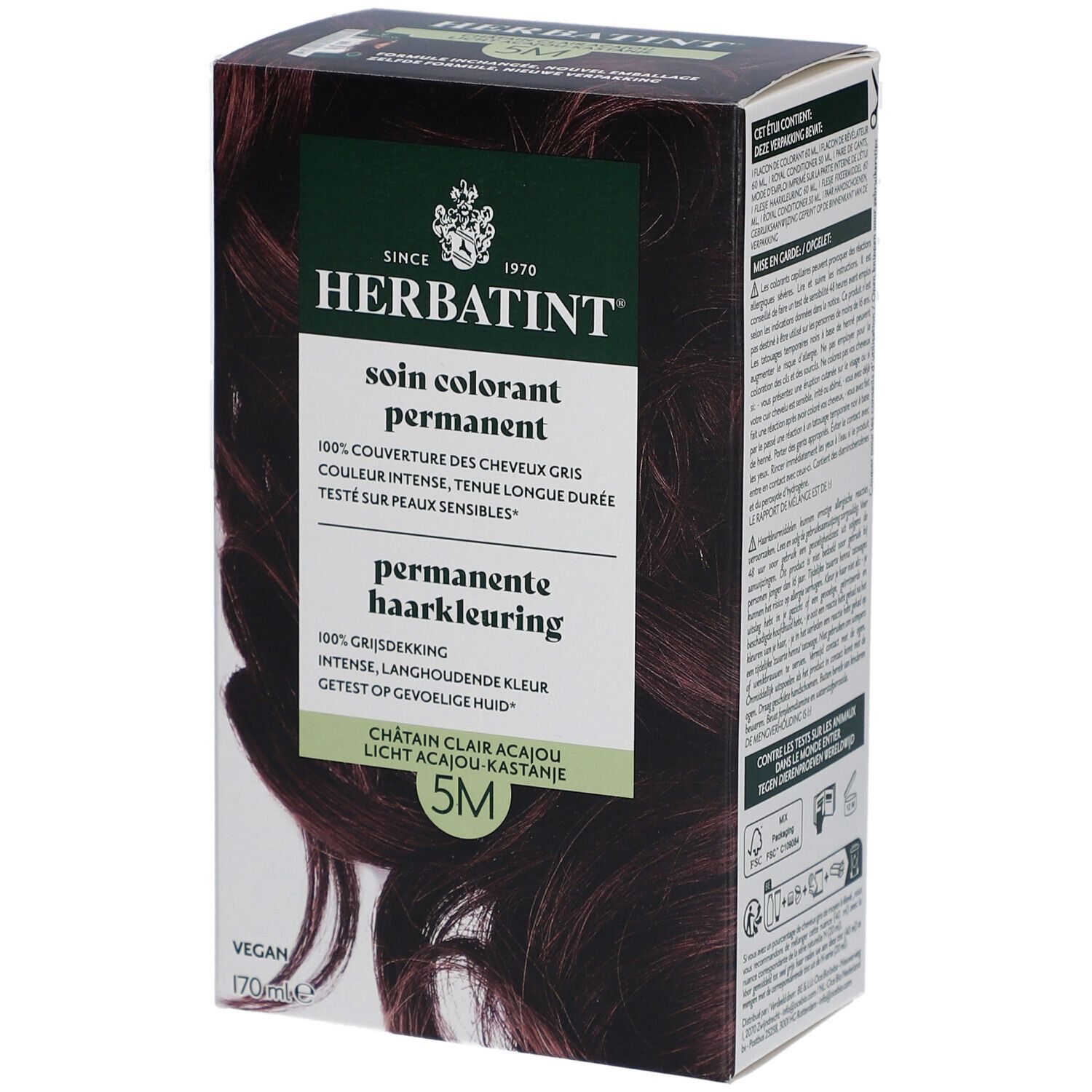 Boîte Herbatint 5M Châtain clair acajou. Soin colorant permanent. Texte et visuel produit. Vegan.