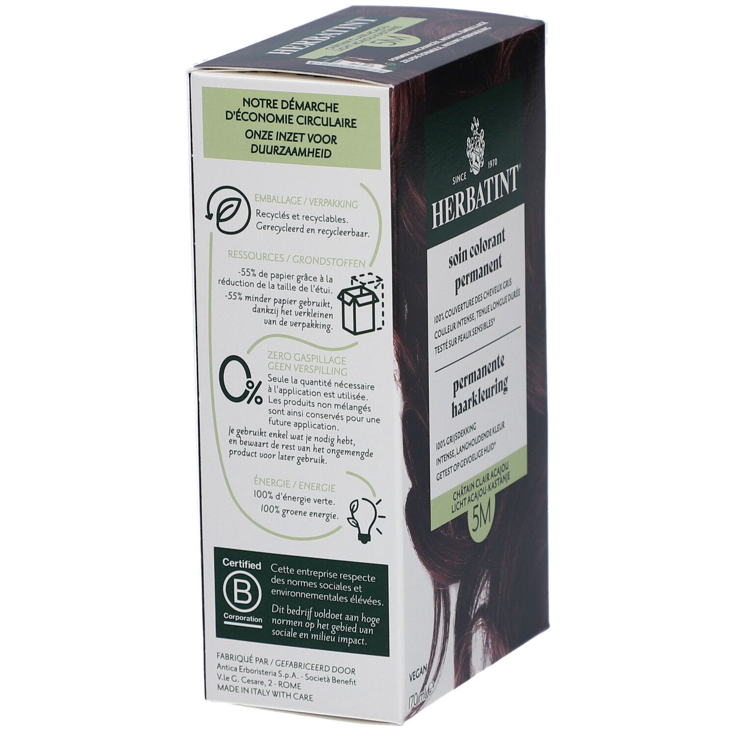 Vue latérale boîte Herbatint. Texte sur durabilité, recyclage, énergie. Certification B Corp.