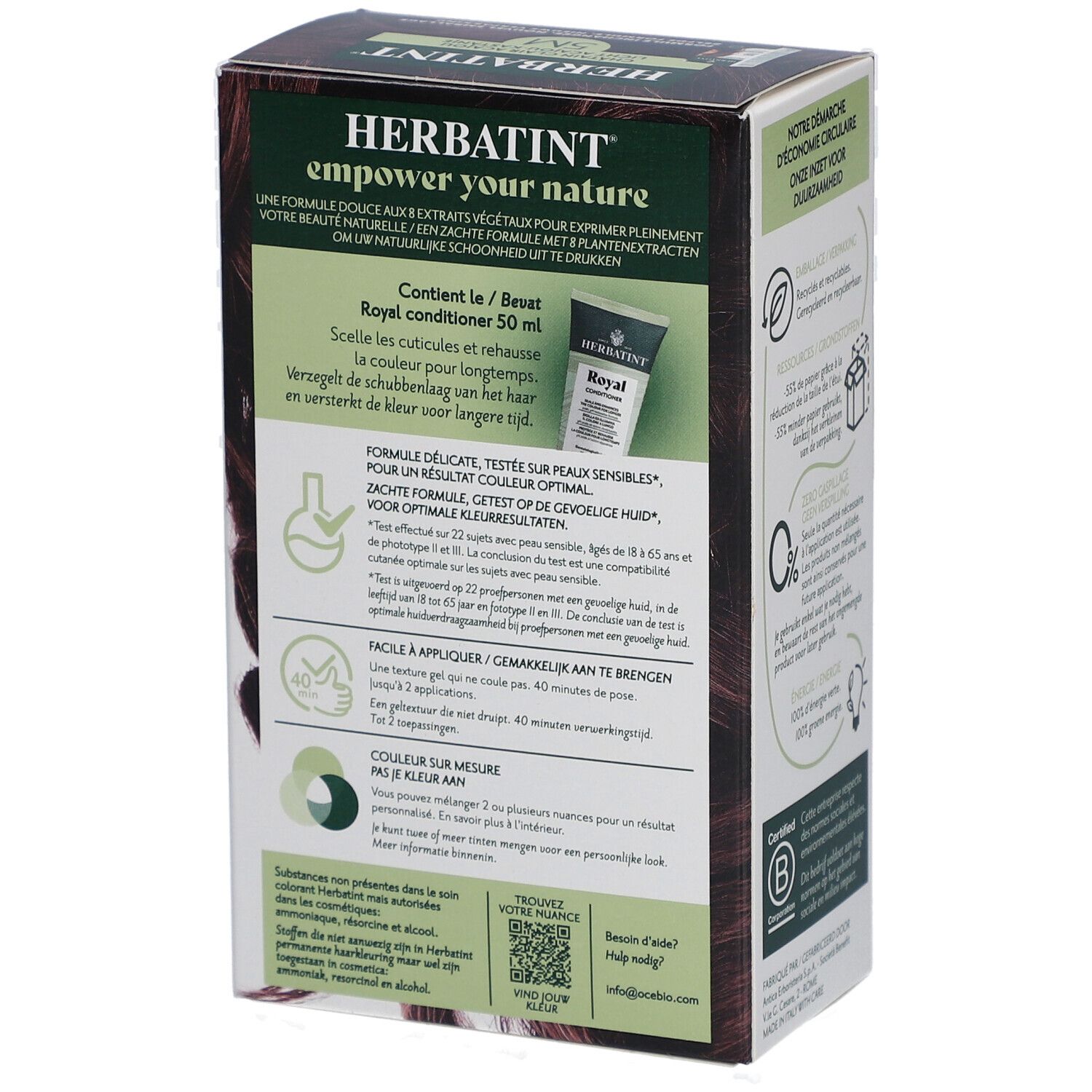 Dos boîte Herbatint. Texte sur ingrédients, application, résultats couleur. Certification B Corp.
