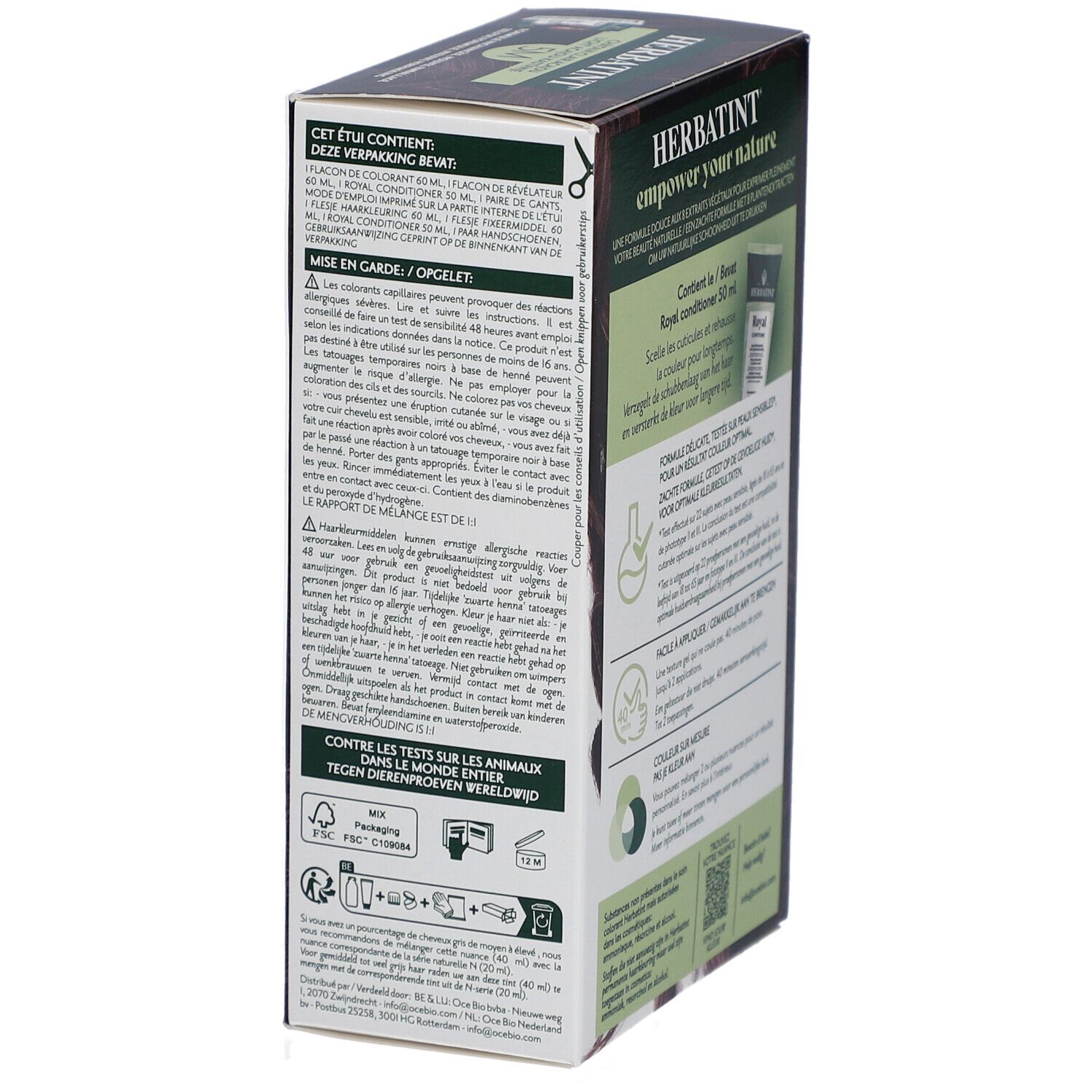Vue latérale boîte Herbatint avec texte sur précautions et ingrédients. Certification FSC.