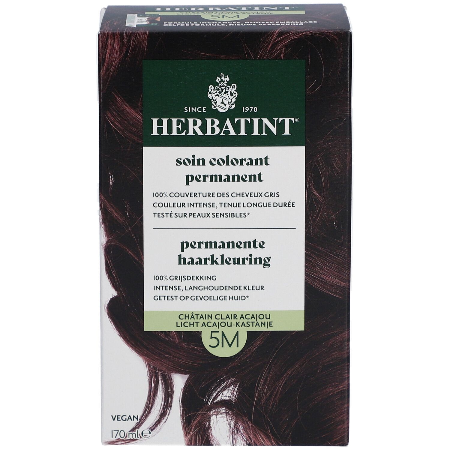 Boîte Herbatint 5M Châtain clair acajou. Soin colorant permanent. Texte et visuel produit. Vegan.