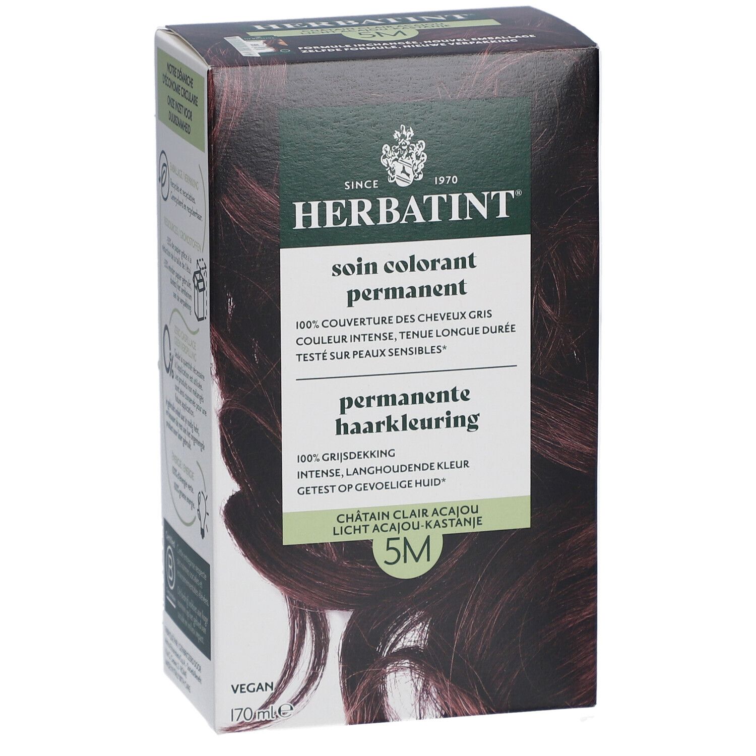 Boîte Herbatint 5M Châtain clair acajou. Soin colorant permanent. Texte et visuel produit. Vegan.