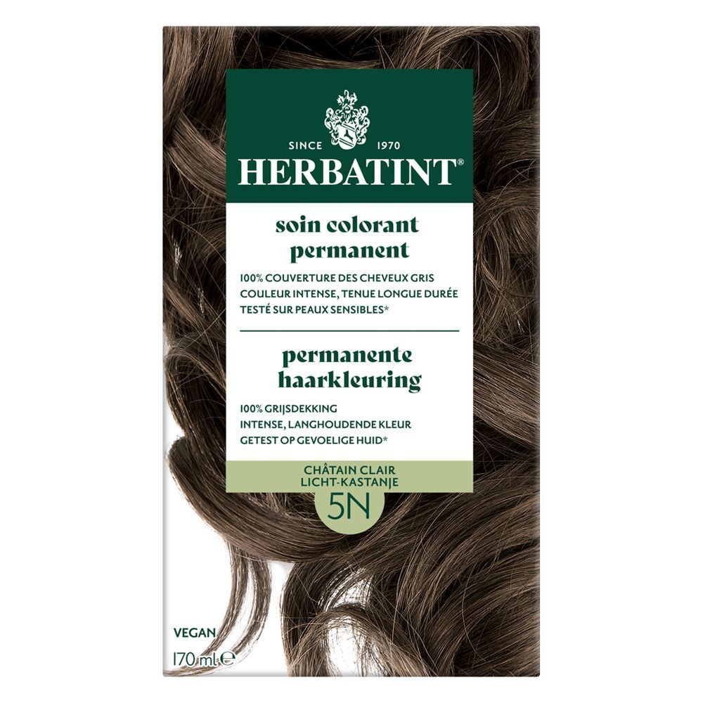Boîte de coloration permanente 5N Châtain Clair. Vegan. 170 ml. Logo Herbatint.