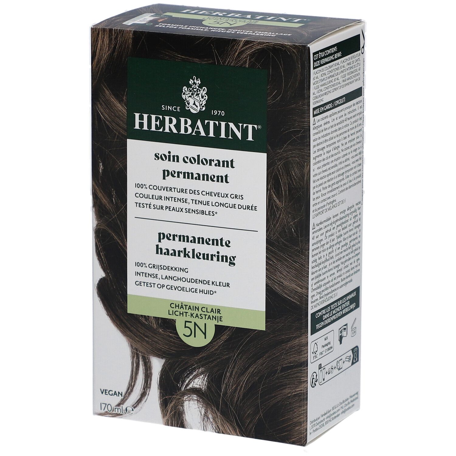 Boîte de coloration permanente 5N Châtain Clair. Vegan. 170 ml. Logo Herbatint.