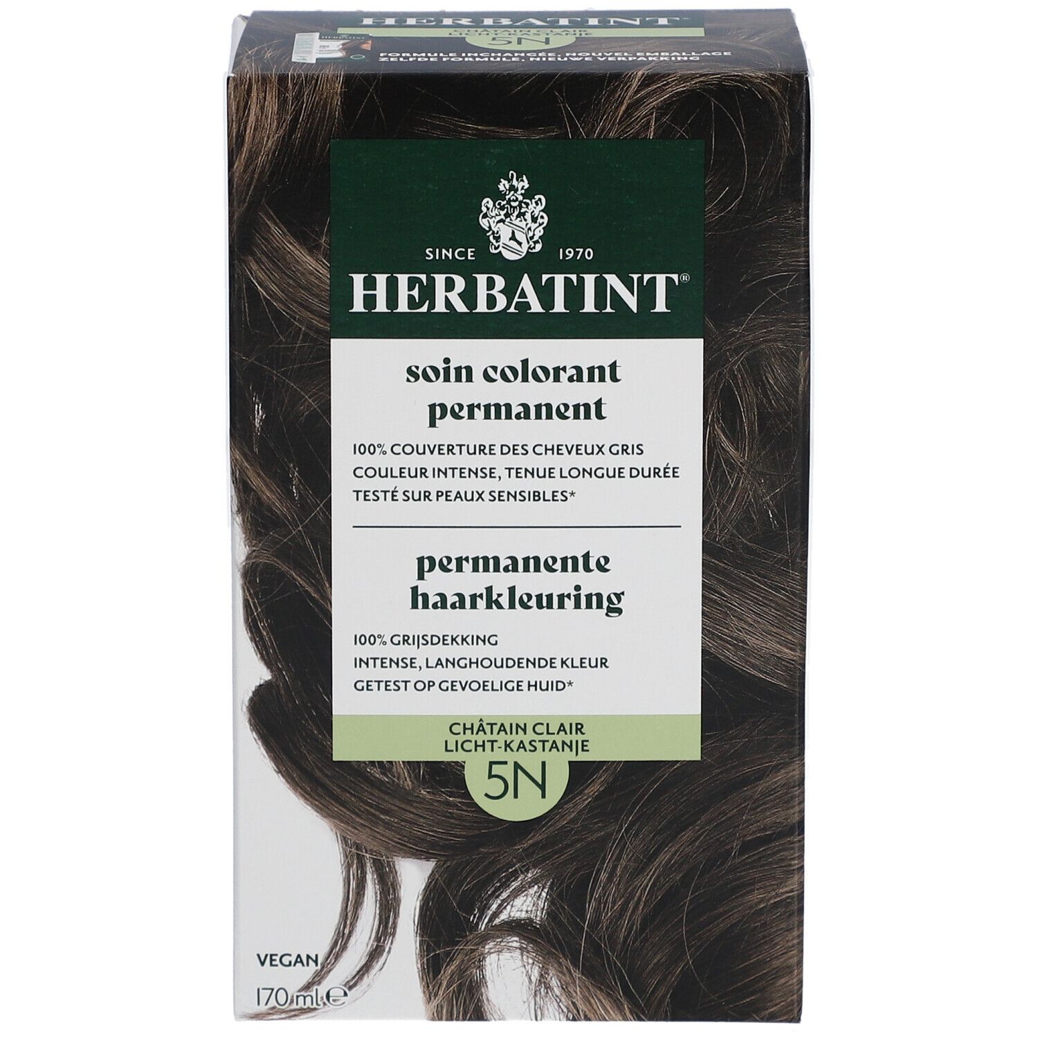 Boîte de coloration permanente 5N Châtain Clair. Vegan. 170 ml. Logo Herbatint.