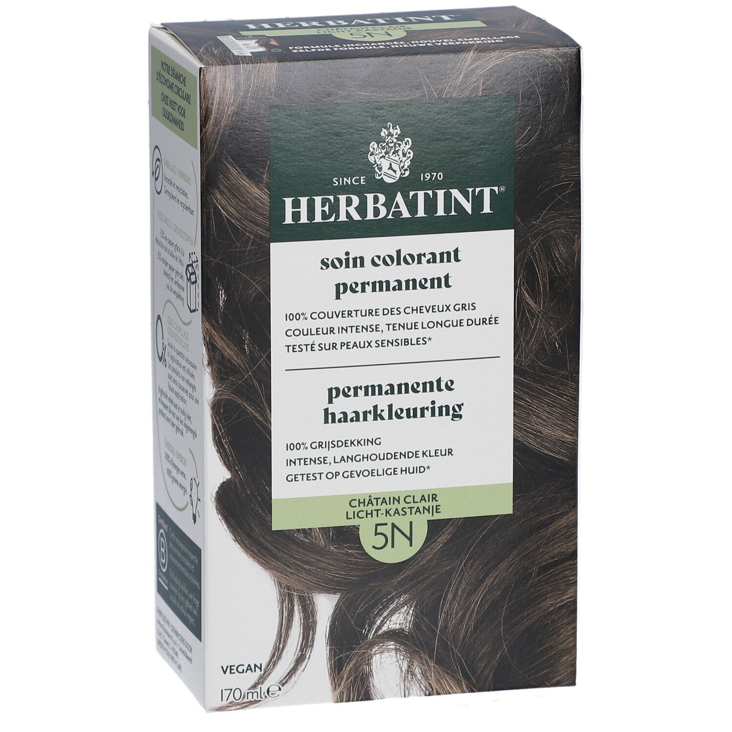 Boîte de coloration permanente 5N Châtain Clair. Vegan. 170 ml. Logo Herbatint.