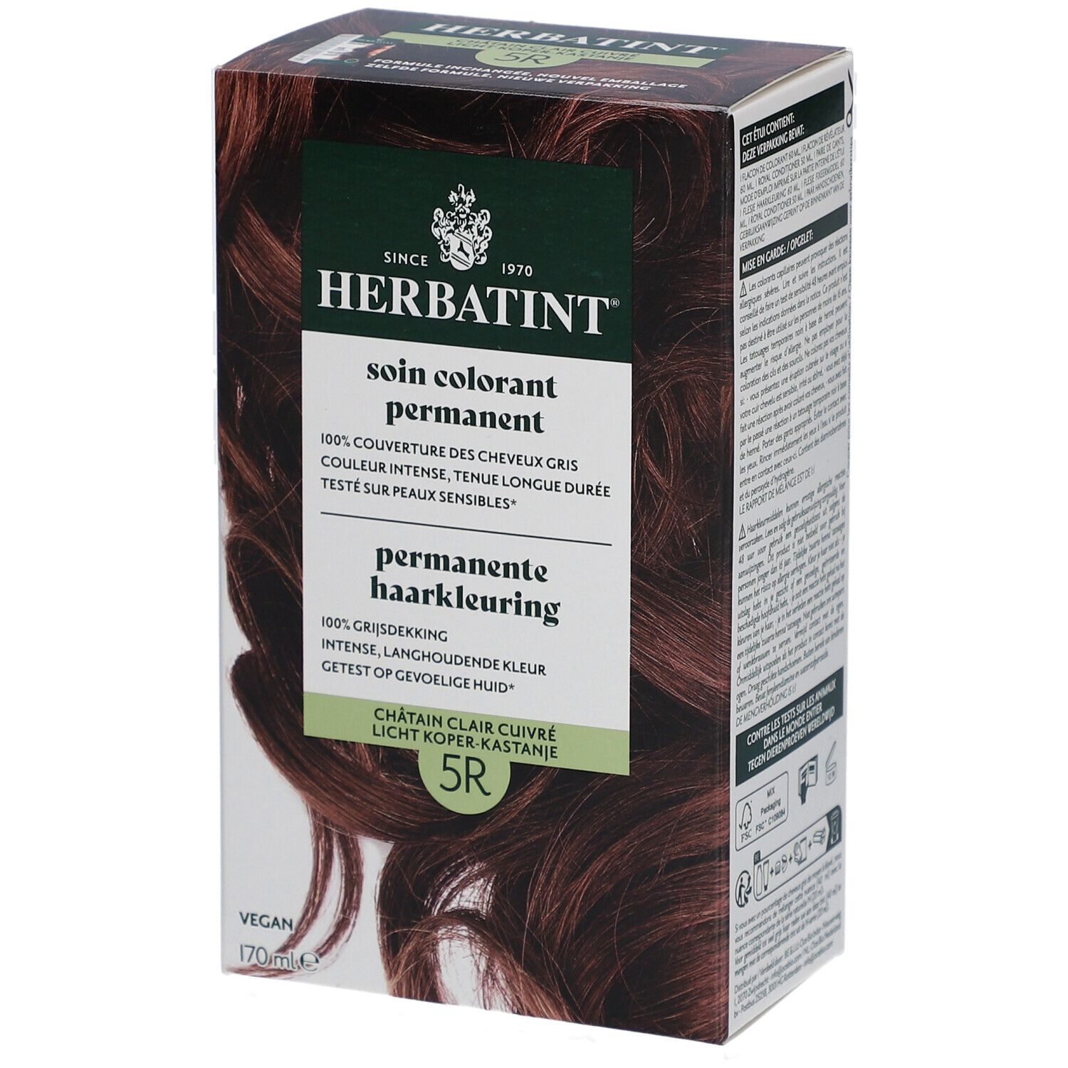 Herbatint 5R, châtain clair cuivré. Boîte avec visuel du produit et informations.