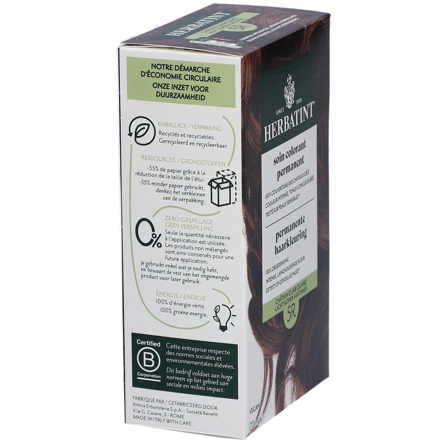 Dos de la boîte Herbatint. Informations sur l'éco-responsabilité et certification.