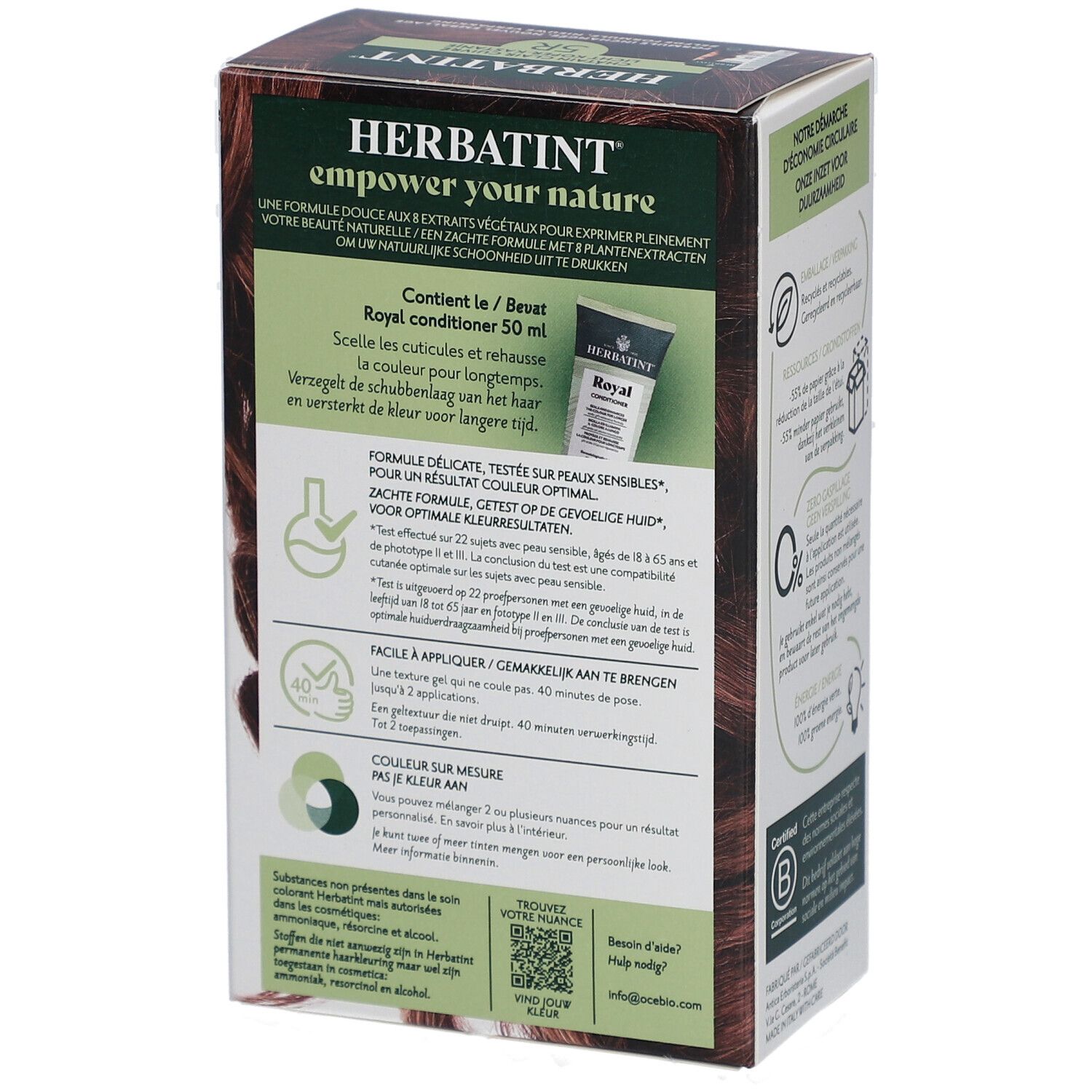 Côté boîte Herbatint. Informations sur les ingrédients et l'application.
