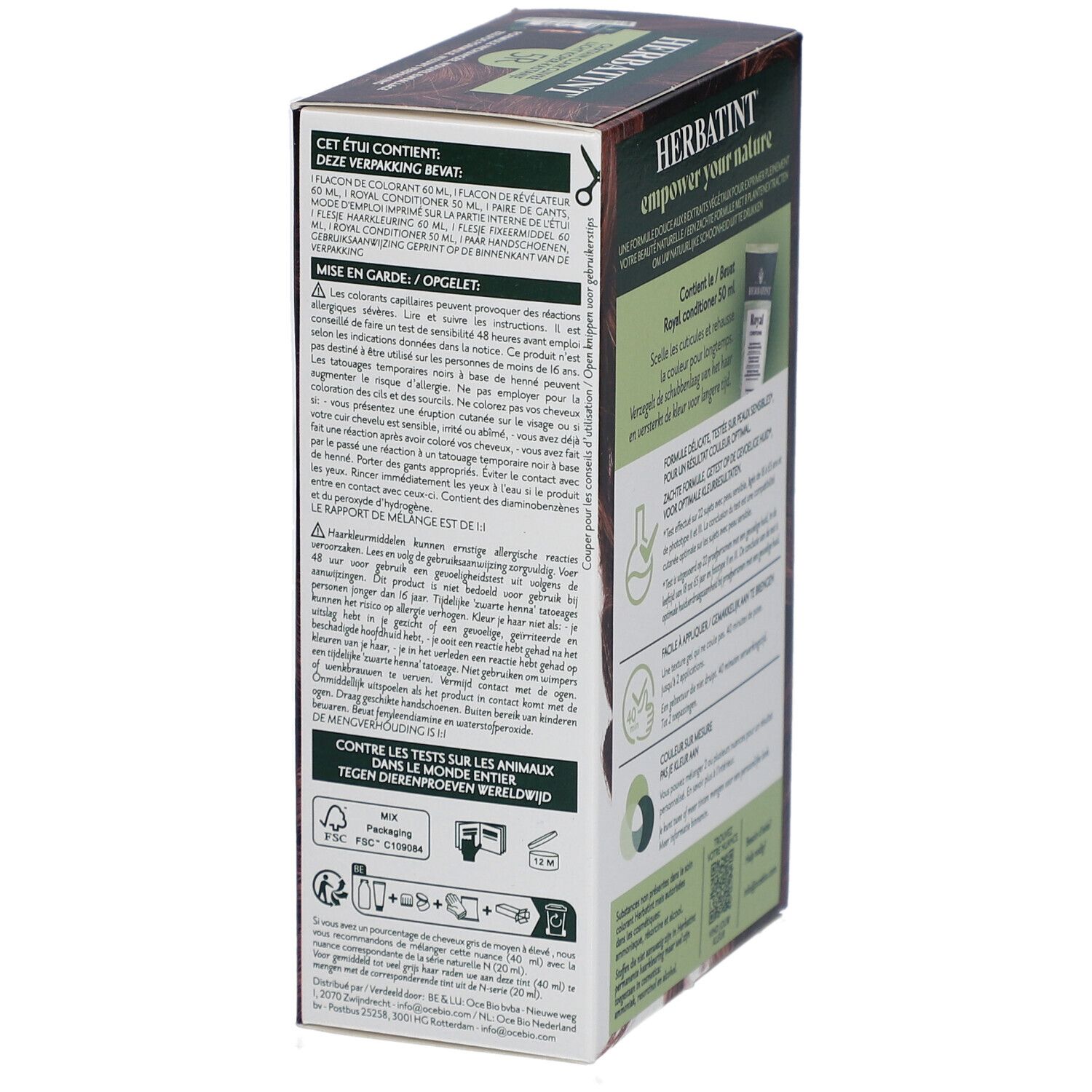 Côté boîte Herbatint. Avertissements et informations sur le contenu.